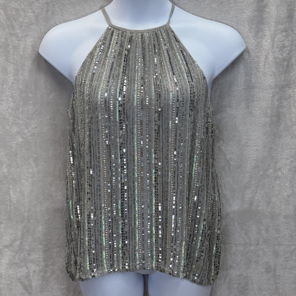 Parker Tank Womens L Silver Sequin Halter Camisole Lined Adjustable Chiffon